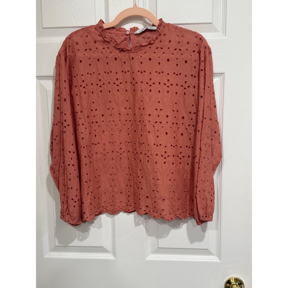 Zara Woman Premium Denim Collection Eyelet Blouse Terracotta Coral Ruffle Neck M